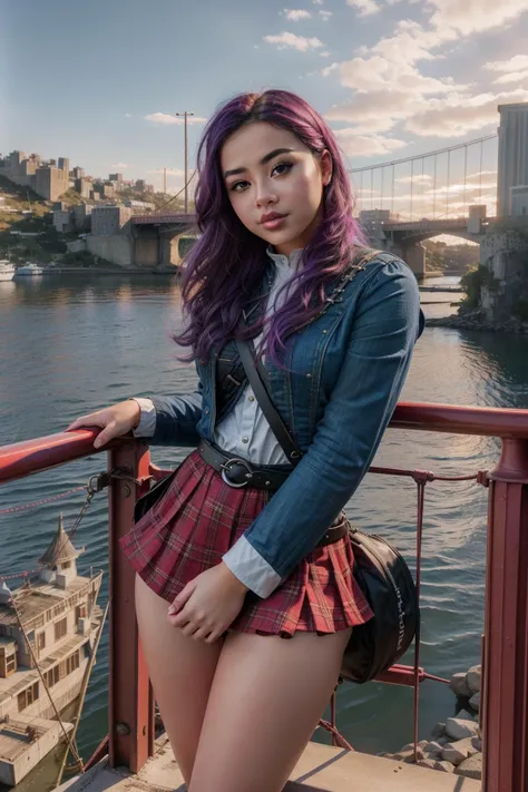 1girl, vibrant Raw digital photo, stylized, landscape of a Corporate Punk Unnatural ([Westeros|Saint Peter Port]:1.3) from inside of a Suspension bridge, Vibrant roots and cityscape, at Sunset, Flustered, Alternative Art, short lighting, sharp and in focus, Fujicolor Pro 400H, telephoto lens, Colorful, DayGlo purple background, icon style, lots of details, beautiful