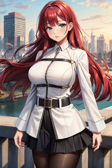 (masterpiece, best quality, ultra detailed, absurdres:1.5), 1girl, (sexy, beautiful woman, perfect face, perfect eyes, perfect female body, medium breasts:1.5), (ChaldeaUniformFemaleUniform, chaldea uniform, belt, black skirt, black pantyhose, white boots, long hair, red hair, blunt bangs, side bangs, <lora:ChaldeaUniform:1>), (standing, outdoors, hills, Japanese city in background), perfect lighting, smooth, hdr