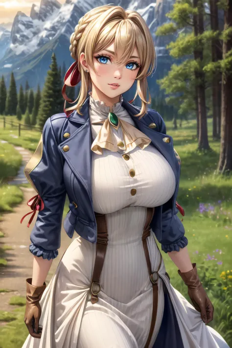 (masterpiece, best quality, ultra detailed, absurdres:1.5), 1girl, (sexy, beautiful woman, perfect face, perfect eyes, perfect female body, medium breasts:1.5), (violet_a, blonde hair, braid, hair ribbon, red ribbon, jewelry, green brooch, white ascot, blue jacket, cropped jacket, dress, juliet sleeves, long sleeves, puffy sleeves, white dress, brown gloves, <lora:ã´ã¡ã¤ãªã¬ããã»ã¨ã´ã¡ã¼ã¬ã¼ãã³ Violet Evergarden (Violet Evergarden):0.75>), (standing, outdoors, grassland, forest in background, mountains in background), perfect lighting, smooth, hdr