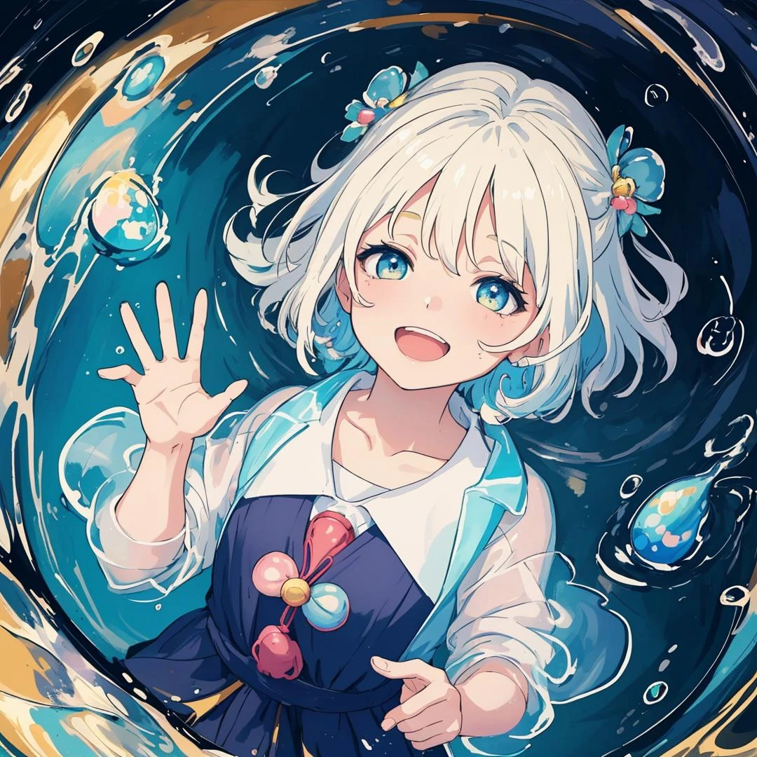 a ,laughing,Colorful colors,surrounded by water bubbles,in the style of Kawacy,Masterpiece,Oil painting drawn in anime style,head close - up,exaggerated perspective,Tyndall effect,water drops,mother - of - pearl iridescence,Holographic white,