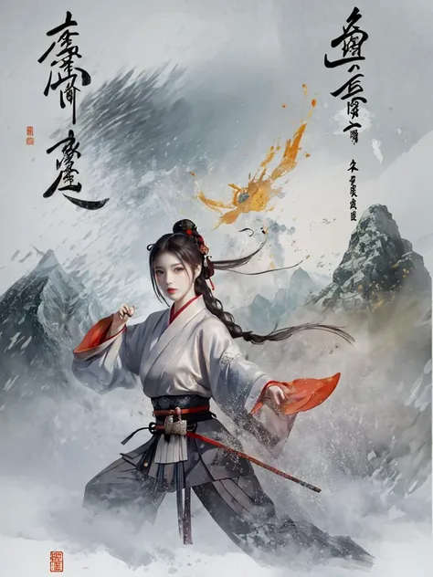 genshin impact,shenhe,beautiful woman,chinese ink style,ukiyo-e style,ink stamp,chinese calligraphy,woman,black ink outlines,adult woman,silver hair,long braid,hair cover right eye,ice element,chinese exorcist,foggy mountains brown background,sunny day,high quality,traditional chinese art style,masterpiece,colorful,fantasy,wallpaper
<lora:WuMo2:1>