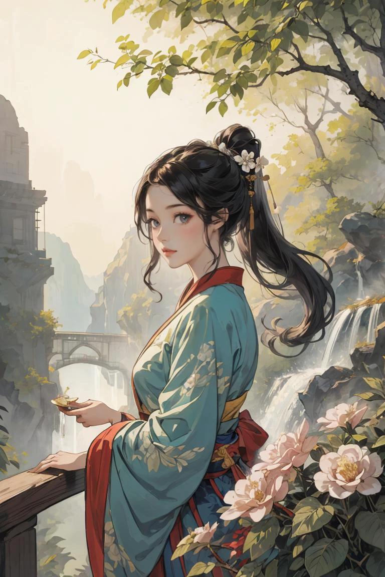 (masterpiece, best quality), 1girl, wavy hair, looking at viewer,holding a flower,upper body, floral print,Hanfu, ponytail, <lyco:GoodHands-beta2:1>,scenery,mountain waterfall background,<lora:add_detail:0.2> ,sunlight, <lyco:WuMo2:0.5>