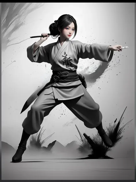 Anime a poster, 1hand holding a big long knife, two hands, wear kungfu master cloth, wave, chinese traditional ink style, Tai ji, main color is black and white and green ink, dynamic movement, dynamic pose, movement, full body::1 Amazing Vector in oil painting environmental art cinematic, diorama, intricate detail, solo, dress, floating_hair 
<lora:WuMo:0.9>