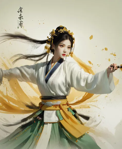 dramatic angle,(fluttered detailed ink splashs), (illustration),(long hair),(rain:0.6),(expressionless ,hair ornament:1.4),(focus on), color Ink wash painting,(ink splashing),color splashing,((colorful)),[sketch], Masterpiece,best quality, beautifully painted,highly detailed,(denoising:0.7),[splash ink],yin yang <lora:WuMo2:1>,hanfu, tang style outfits, 1girl, green upper shan,  white chest po skirt, yellow waistband,<lora:hanfuTang_v31:0.2>