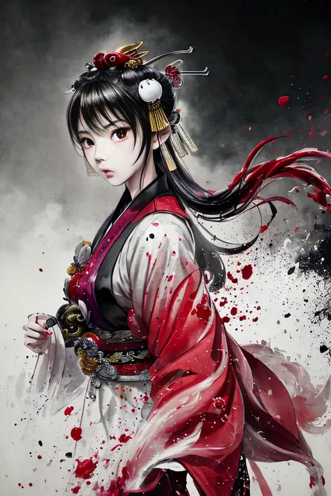 dramatic angle,(fluttered detailed ink splashs), (illustration),(((1 girl))),(long hair),(rain:0.6),((expressionless ,Carmine hair ornament:1.4)),(There is a palace far away from the girl),chinese clothes,((focus on the girl)), color Ink wash painting,(ink splashing),(Huaqing splashing),((colorful)),[sketch], Masterpiece,best quality, beautifully painted,highly detailed,(denoising:0.7),[splash ink],yin yang ,<lora:WuMo2:0.8>shuimobysim ,<lora:Moxin_1010:0.4>