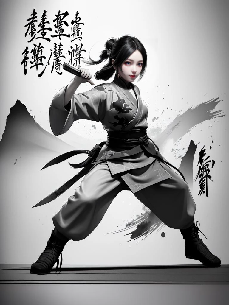 Anime a poster, 1hand holding a big long knife, two hands, wear kungfu master cloth, wave, chinese traditional ink style, Tai ji, main color is black and white and green ink, dynamic movement, dynamic pose, movement, full body::1 Amazing Vector in oil painting environmental art cinematic, diorama, intricate detail, solo, dress, floating_hair
<lora:WuMo:0.9>