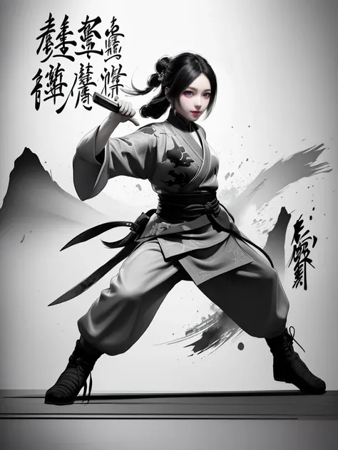 Anime a poster, 1hand holding a big long knife, two hands, wear kungfu master cloth, wave, chinese traditional ink style, Tai ji, main color is black and white and green ink, dynamic movement, dynamic pose, movement, full body::1 Amazing Vector in oil painting environmental art cinematic, diorama, intricate detail, solo, dress, floating_hair 
<lora:WuMo:0.9>