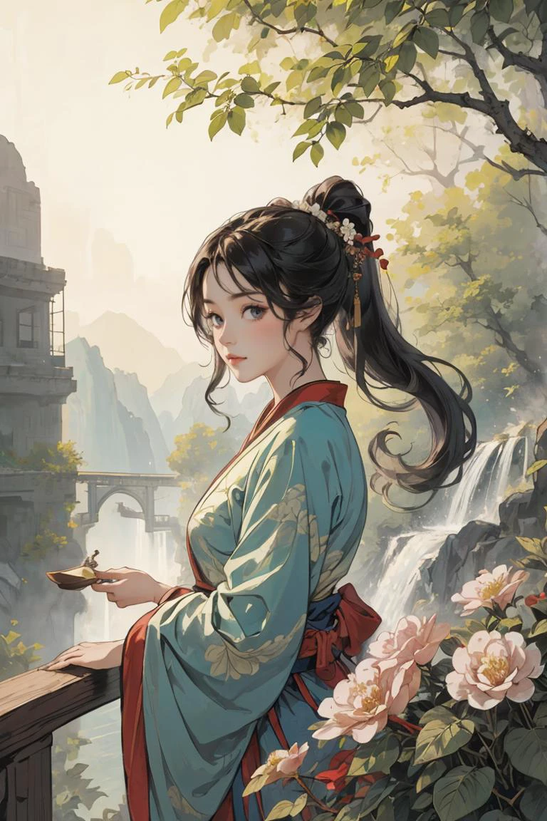 (masterpiece, best quality), 1girl, wavy hair, looking at viewer,holding a flower,upper body, floral print,Hanfu, ponytail, <lyco:GoodHands-beta2:1>,scenery,mountain waterfall background,<lora:add_detail:0.2> ,sunlight, <lyco:WuMo2:0.5>