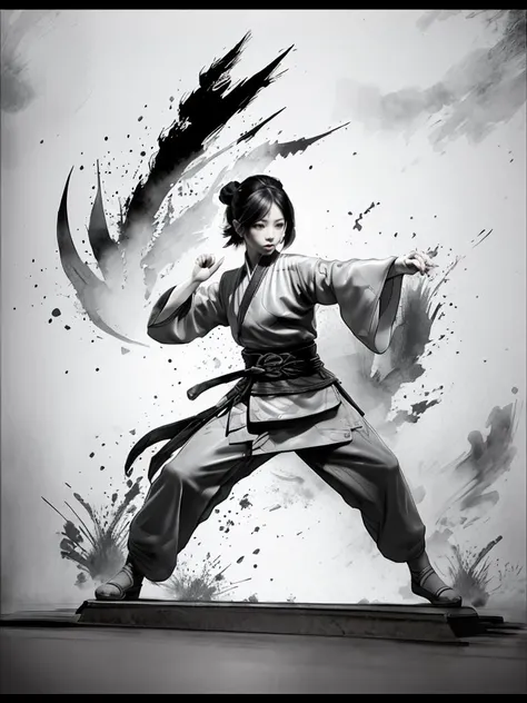 Anime a poster, 1hand holding a big long knife, two hands, wear kungfu master cloth, wave, chinese traditional ink style, Tai ji, main color is black and white and green ink, dynamic movement, dynamic pose, movement, full body::1 Amazing Vector in oil painting environmental art cinematic, diorama, intricate detail, solo, dress, floating_hair
<lora:WuMo:0.9>