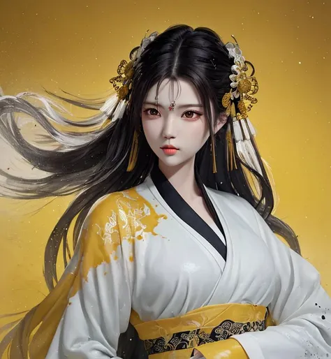 dramatic angle,(fluttered detailed ink splashs), (illustration),(((1 girl))),(long hair),(rain:0.6),(expressionless ,hair ornament:1.4),there is an ancient palace beside the girl,sophisticated yellow and white chinese clothes ,((focus on the girl)), yellow and black color Ink wash painting,(ink splashing),color splashing,((colorful)),[sketch], Masterpiece,best quality, beautifully painted,highly detailed,(denoising:0.7),[splash ink],yin yang,upper body view
<lora:WuMo2:1>