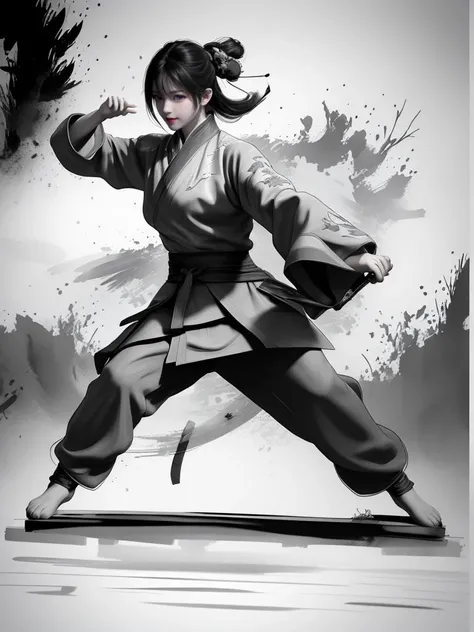 Anime a poster, 1hand holding a big long knife, two hands, wear kungfu master cloth, wave, chinese traditional ink style, Tai ji, main color is black and white and green ink, dynamic movement, dynamic pose, movement, full body::1 Amazing Vector in oil painting environmental art cinematic, diorama, intricate detail, solo, dress, floating_hair
<lora:WuMo:0.9>
