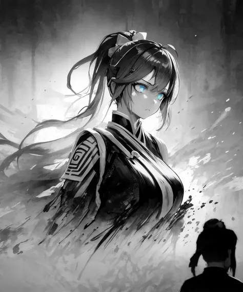 dramatic angle,(fluttered detailed ink splashs), (illustration),(((1 girl))),ponytail,(rain:0.6),(expressionless ,hair ornament:1.4),there is an ancient palace beside the girl,chinese clothes,(focus on), color Ink wash painting,(ink splashing),color splashing,((colorful)),[sketch], Masterpiece,best quality, beautifully painted,highly detailed,(denoising:0.7),[splash ink],yin yang, <lora:Mu-000008:0.9:RW>,<lyco:WuMo2:0.6> ,blue bow,