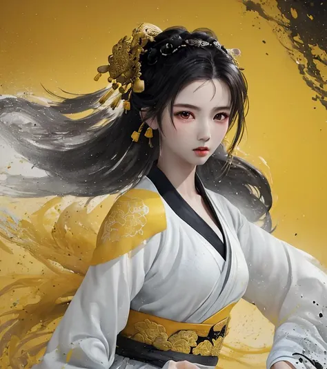 dramatic angle,(fluttered detailed ink splashs), (illustration),(((1 girl))),(long hair),(rain:0.6),(expressionless ,hair ornament:1.4),there is an ancient palace beside the girl,sophisticated yellow and white chinese clothes ,((focus on the girl)), yellow and black color Ink wash painting,(ink splashing),color splashing,((colorful)),[sketch], Masterpiece,best quality, beautifully painted,highly detailed,(denoising:0.7),[splash ink],yin yang
<lora:WuMo2:1>