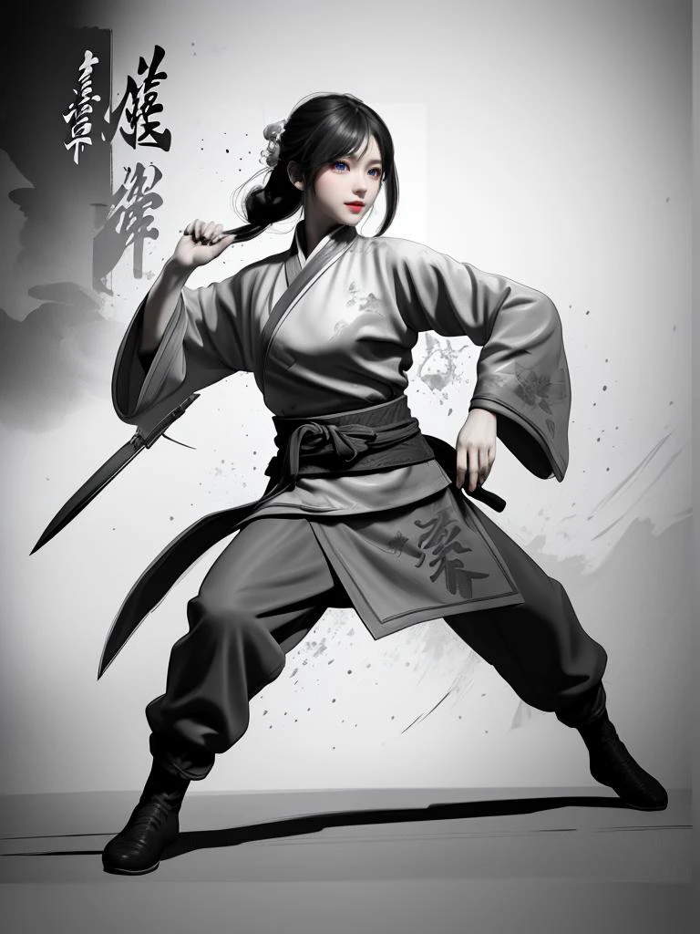 Anime a poster, 1hand holding a big long knife, two hands, wear kungfu master cloth, wave, chinese traditional ink style, Tai ji, main color is black and white and green ink, dynamic movement, dynamic pose, movement, full body::1 Amazing Vector in oil painting environmental art cinematic, diorama, intricate detail, solo, dress, floating_hair
<lora:WuMo:0.9>