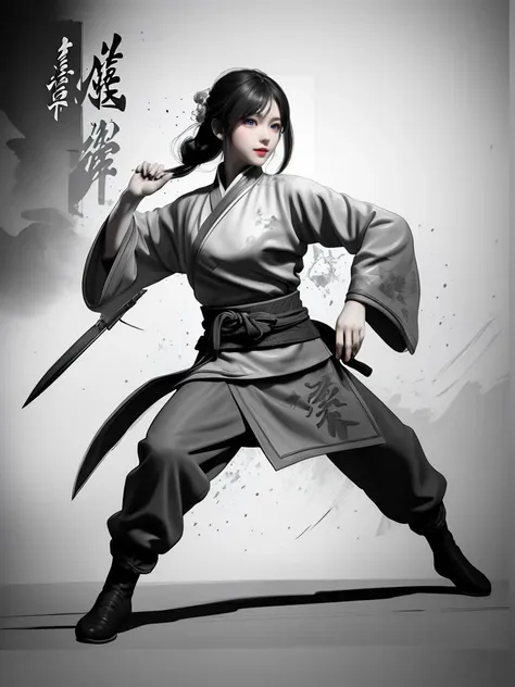 Anime a poster, 1hand holding a big long knife, two hands, wear kungfu master cloth, wave, chinese traditional ink style, Tai ji, main color is black and white and green ink, dynamic movement, dynamic pose, movement, full body::1 Amazing Vector in oil painting environmental art cinematic, diorama, intricate detail, solo, dress, floating_hair 
<lora:WuMo:0.9>