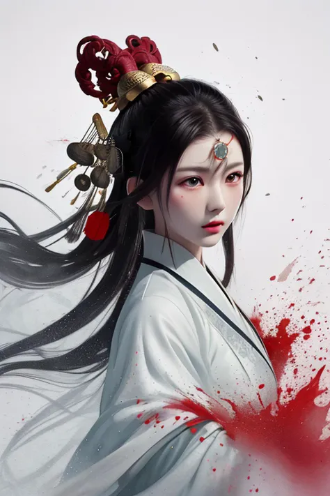 dramatic angle,(fluttered detailed ink splashs), (illustration),(((1 girl))),(long hair),(rain:0.6),((expressionless ,Carmine hair ornament:1.4)),(There is a palace far away from the girl),chinese clothes,((focus on the girl)), color Ink wash painting,(ink splashing),(Huaqing splashing),((colorful)),[sketch], Masterpiece,best quality, beautifully painted,highly detailed,(denoising:0.7),[splash ink],yin yang ,<lora:WuMo2:1>