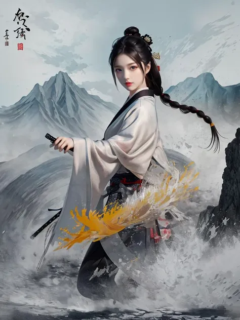 genshin impact,shenhe,beautiful woman,chinese ink style,ukiyo-e style,ink stamp,chinese calligraphy,woman,black ink outlines,adult woman,silver hair,long braid,hair cover right eye,ice element,chinese exorcist,foggy mountains brown background,sunny day,high quality,traditional chinese art style,masterpiece,colorful,fantasy,wallpaper
<lora:WuMo2:1>