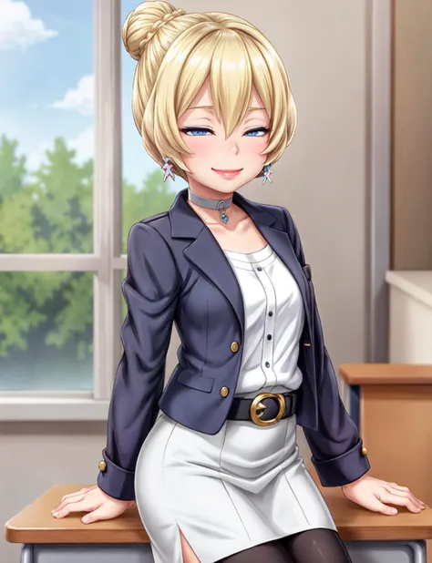 solo,(masterpiece, best quality), NijouShizue, solo, mature female, squining, half closed eyes, blonde hair, short hair, single hair bun, makeup, lipstick, blue eyes, jewelry, earrings, choker pantyhose, white shirt, pencil skirt (or miniskirt), belt, smiling, smug, school, blackboard, table, window, classroom,
 <lora:NijouShizue-000009:0.65>