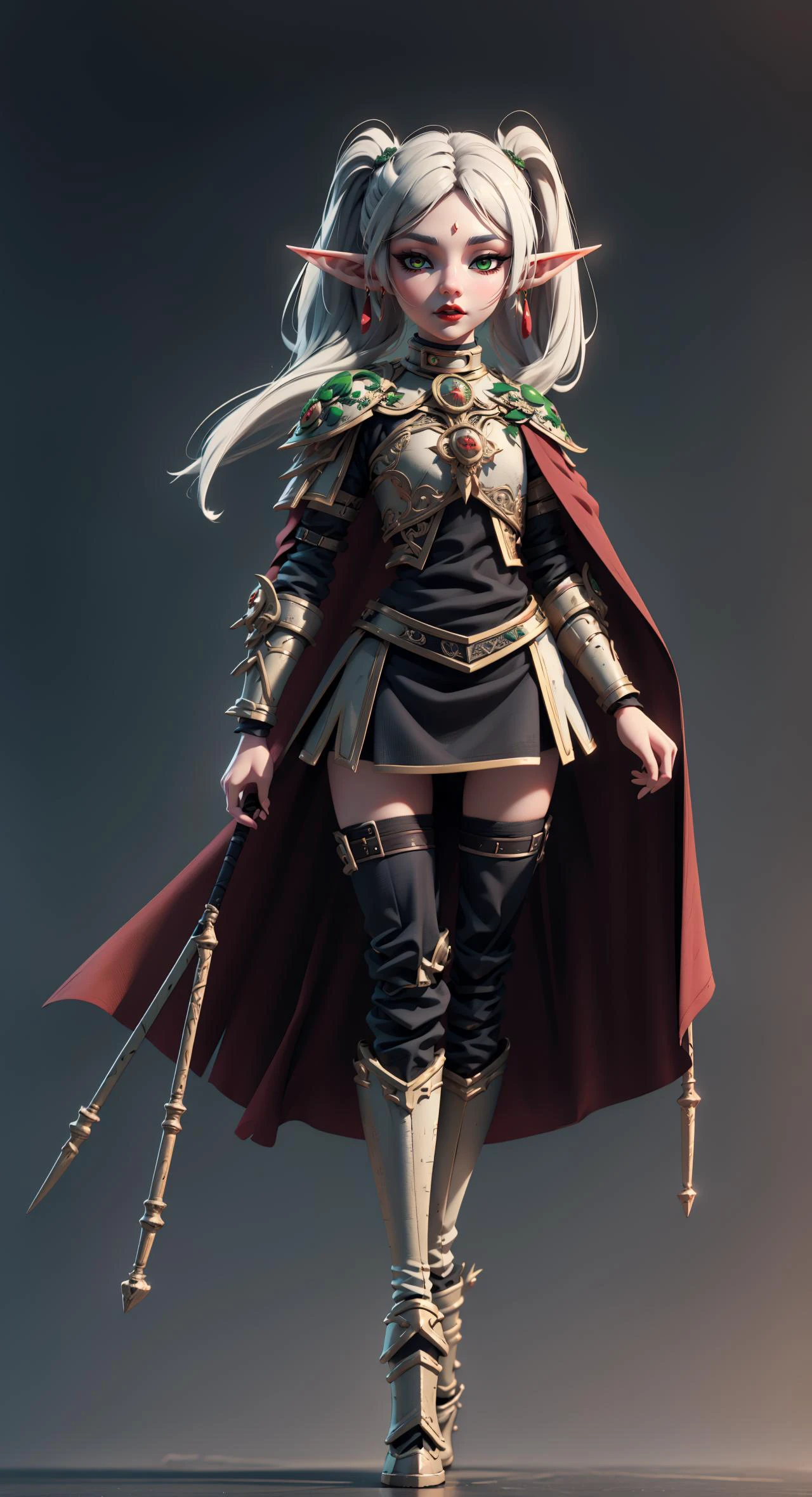 <lora:frieren:0.9> Frieren, (1 girl), (solo), twin tails, elf ears, green eyes, earrings, petite, (dark eye makeup),dark red lipstick, skirt , dynamic pose, dynamic angle, medieval town,(full body shot), 8K, unreal engine, render, meticulous, extremely detailed, ultradetail, high aesthetic, realistic, beautiful, emotional, expressive, visual poetry, A crisp 3D render, illustration, sharp lines, comic, refractive halation, <lora:HaDeS_Armor_v7:0.2> , hdsrmr, Empress , cape, black and white armor, intricate metalwork details ,<lora:eyeliner_v1:0.8> , <lora:wlop_offset:0.9> <lora:GothConceptV2:0.5>
