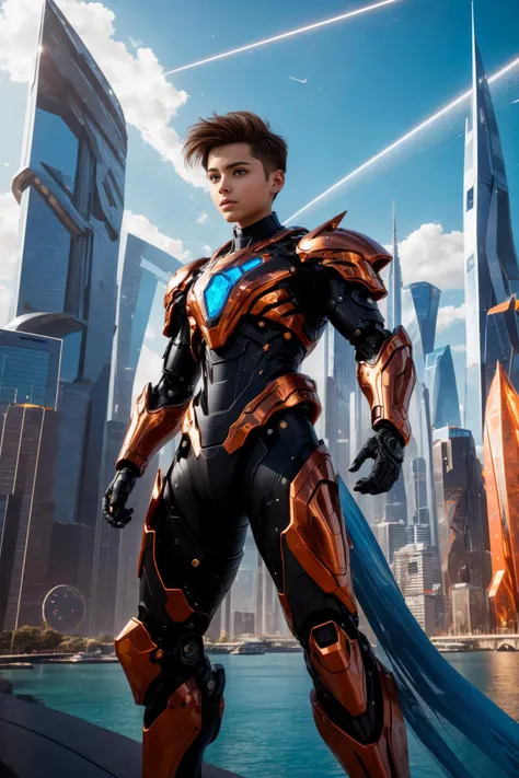 <lora:hades_armor_v3:1>
In a futuristic landscape, depict a young boy in a dynamic action posture. He wears a futuristic, Amber Brown hades_armor that gleams with iridescence. Amidst a cityscape of towering skyscrapers, holographic advertisements, and agile flying vehicles, the boy holds a pulsating crystal, symbolizing hope and courage. Capture the essence of this young hero's heroic stance in a future world teeming with technological marvels and challenges