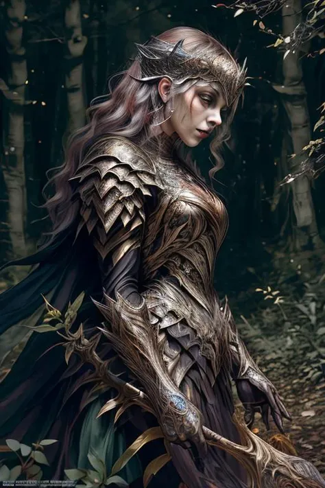 woman in a mythical forest, masterpiece, perfect face, intricate details, horror theme <lora:Loha_Hadesarmorv6:0.9> hadesarmor, hdsrmr, glowing