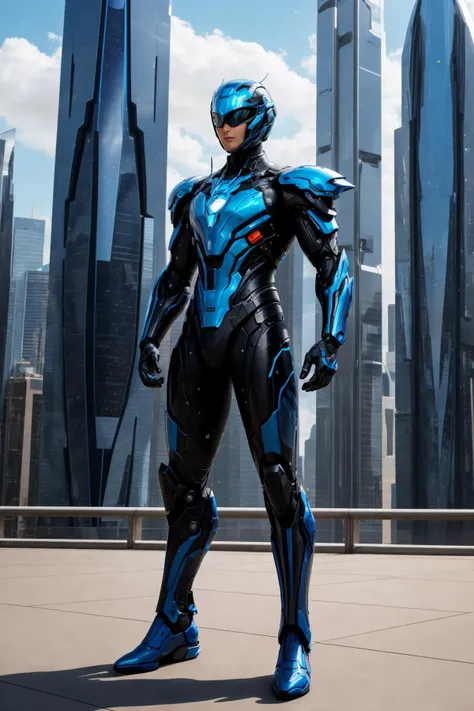 <lora:hades_armor_v3:1>
Craft a futuristic scene where a young boy, adorned in a sleek blue hades_armor, stands within a dazzling cityscape of soaring skyscrapers, holographic advertisements, and flying vehicles. He clutches a pulsating crystal, embodying hope and courage in this advanced world. The scene encapsulates the essence of a young hero's journey in a future brimming with technological marvels and challenges