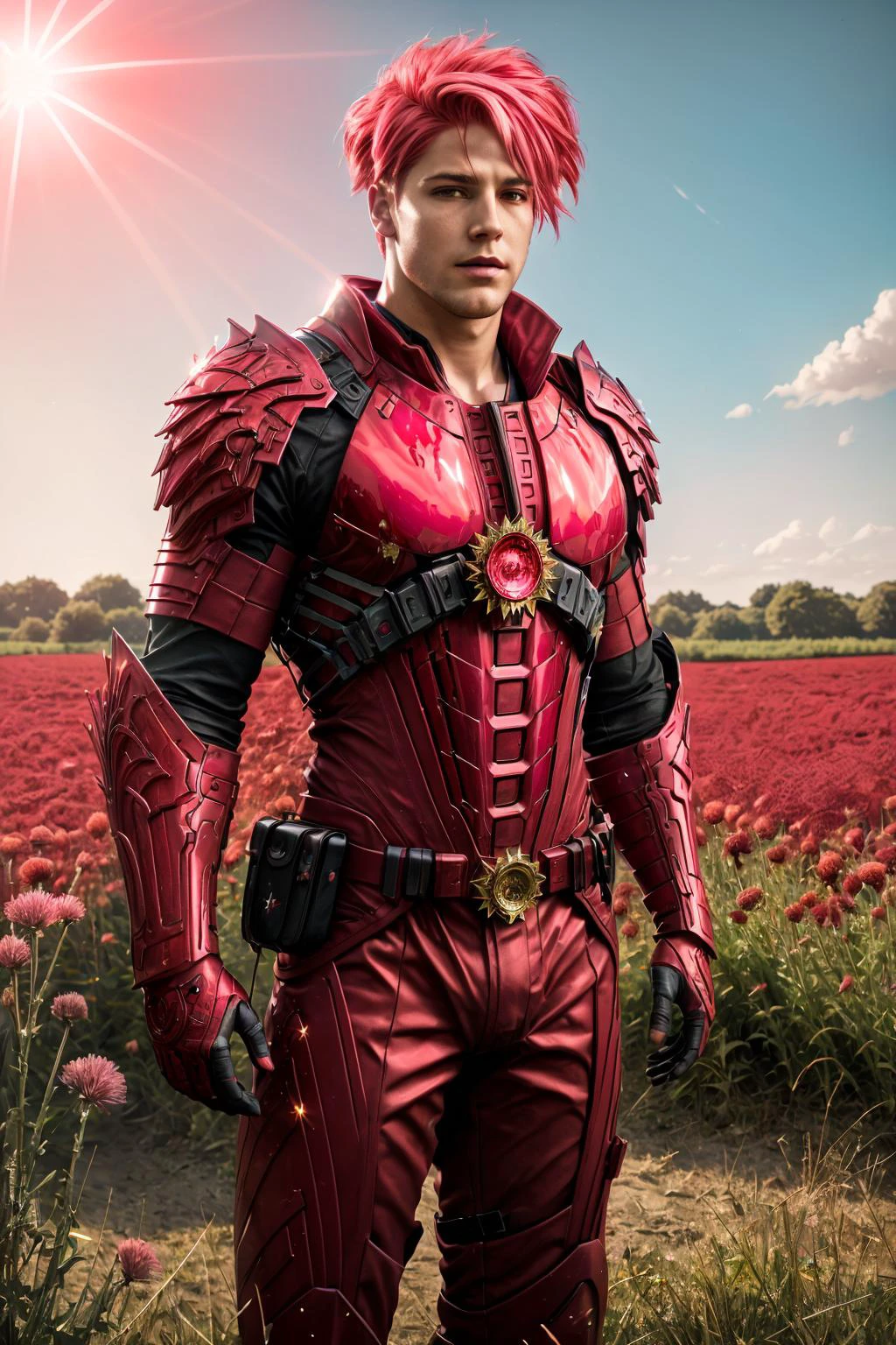 fportrait, photorealistic 8k raw photography, (man in Blood Red hdsrmr:1.3), big hair, (pink straight hair:1.2), Intricate details, lanky physique, Enhanced reflection, Dynamic stance, Fiery aura, Insane color palette, Dandelion Fields in Breeze background full of busy people, Shimmering reflections, Mysterious lighting, Intriguing setting <lora:Armor from HaDeS v8.0 SD1.5:0.7>