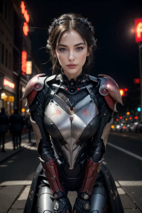 a woman in a futuristic suit poses for a picture on a city street