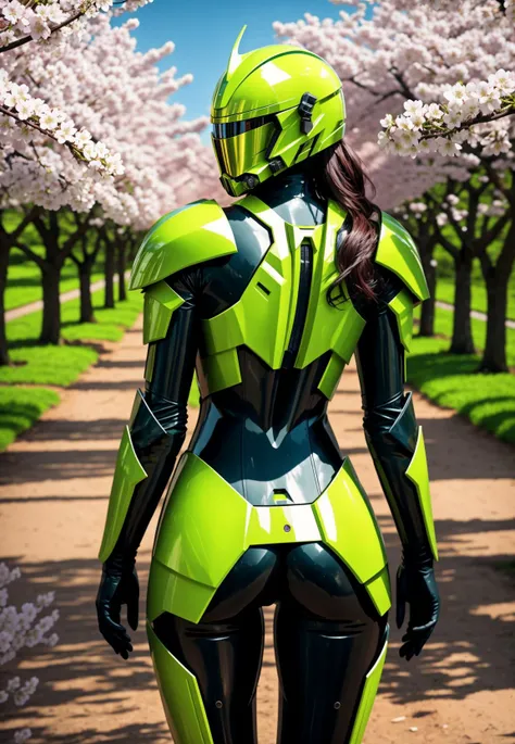 full body, Chartreuse, hdsrmr, hdsrmr boots, hdsrmr helmet, hdsrmr pldrns, mecha helmet, holding zweihander, hood up, looking at viewer, old woman focus, muscular, Evasive Backflip, shoulder hdsrmr, solo, torn clothes, weapon, Cherry Blossom Orchards <lora:Armor from HaDeS v8.0 SD1.5:0.7>