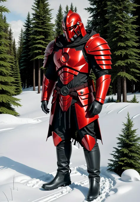 black hair, full body, Amber, hdsrmr, hdsrmr boots, hdsrmr helmet, hdsrmr pldrns, helmet, holding, hood up, long hair, looking at viewer, male focus, muscular, planted, red eyes, shoulder hdsrmr, solo, torn clothes, weapon, Snowy Pine Forests with Log Cabins <lora:Armor from HaDeS v8.0 SD1.5:0.8>