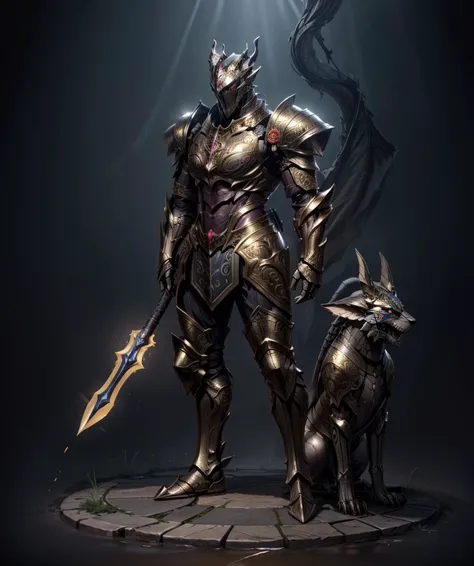 a man in armor standing next to a dog