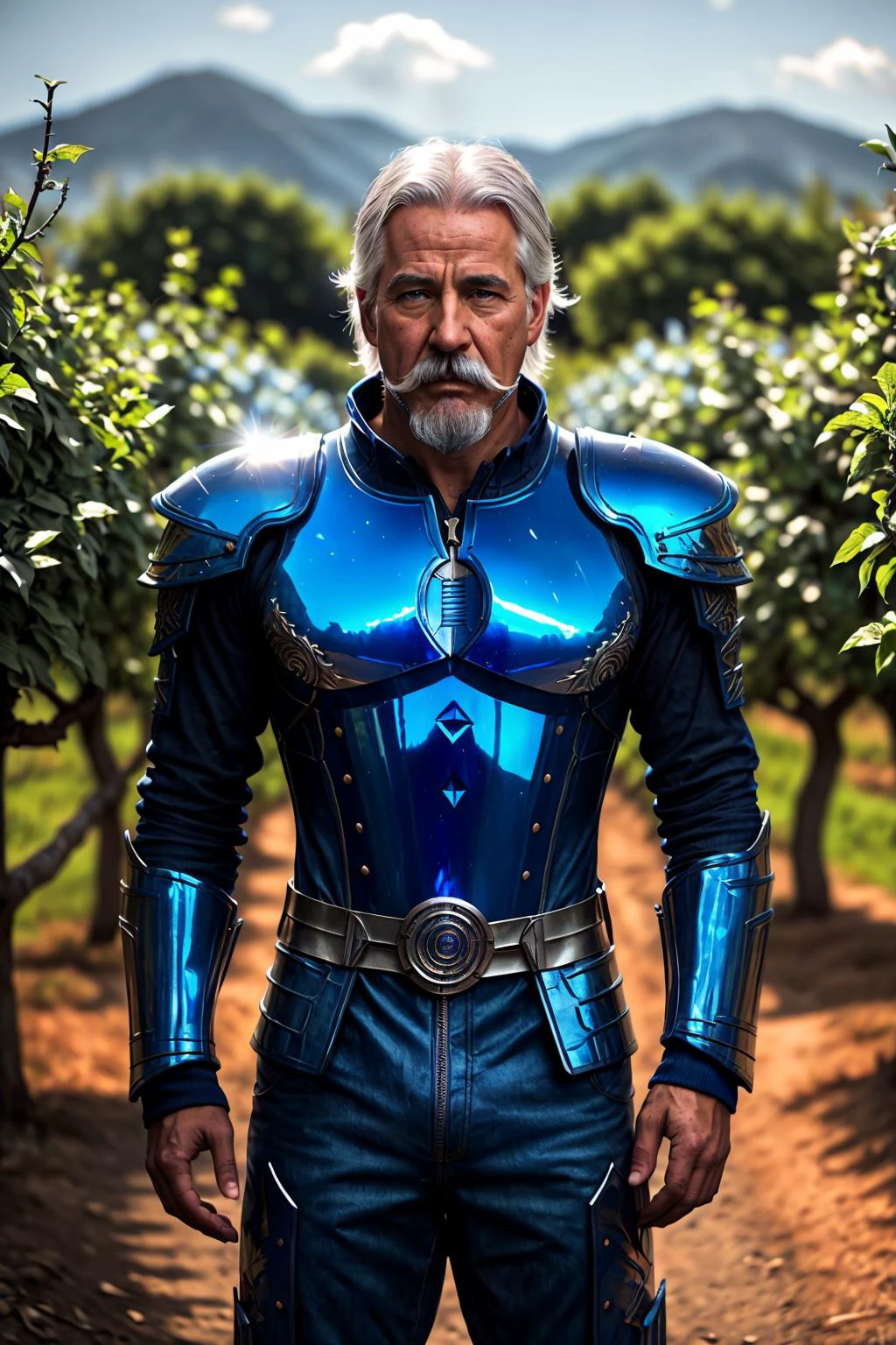 sideways, photorealistic 8k raw photography, (man in French Blue hdsrmr:1.3), shoulder hdsrmr, very long hair, (silver mustache:1.2), Intricate details, skinny physique, Enhanced reflection, Dynamic stance, Fiery aura, Insane color palette, Countryside Apple Orchards in Bloom background full of busy people, Shimmering reflections, Mysterious lighting, Intriguing setting <lora:Armor from HaDeS v8.0 SD1.5:0.7>