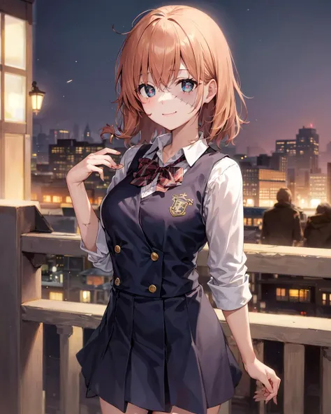 masterpiece,1girl,solo, patchwork skin, ,scar on face, <lora:PatchworkSkinV1:1>,school uniform, standing,cowboy shot, outdoors,cityscape, heart-shaped pupils, light smile, closed mouth,