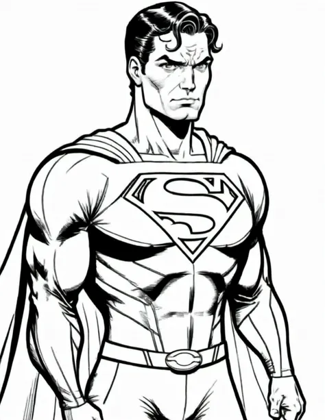 black and white, line art, coloring drawing of comic superman<lora:Coloring_book_-_LineArt:0.8>, white background, thick outlines