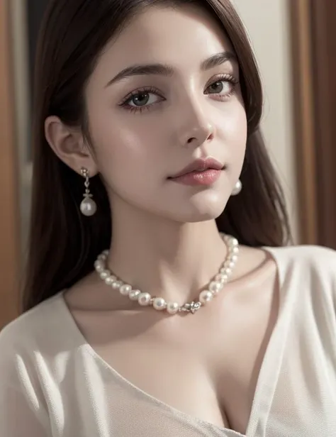 1girl, necklace, jewelry, solo, lips, realistic, looking_at_viewer, 3d, pearl_necklace