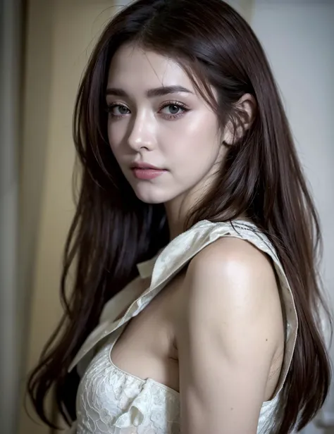 Best quality, masterpiece, ultra high res, (photorealistic:1.4), raw photo, 1girl, looking at viewer, delicate intricate lace corset, FilmG, best shadow, intricate, depth of field, long hair, messy hair, (((low key, dark scene, dimly lit ))), <lora:filmgirlFilmGrain_v40:0.1>, white skin, (dynamic pose:1.2), dark background, (full body:0.6)