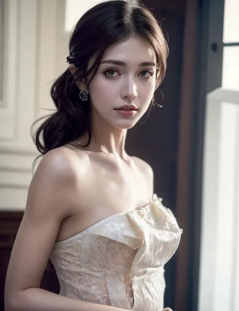 Best quality, masterpiece, ultra high res, (photorealistic:1.4), raw photo, 1girl, looking at viewer, delicate intricate lace corset, FilmG, best shadow, intricate, depth of field, long hair, messy hair, (((low key, dark scene, dimly lit ))), <lora:filmgirlFilmGrain_v40:0.1>, white skin, <lora:Lora_v20:0.1>,, (dynamic pose:1.2), dark background, (full body:0.6)