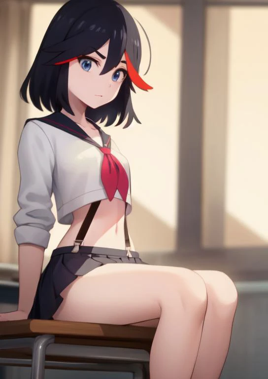 (masterpiece, best quality:1.2), extremely detailed, soft ambient lighting, sharp focus, 4K, BREAK <lora:ryuuko-killlakill:1>, 1girl, solo, ryuuko matoi, school uniform, serafuku, suspenders, v eyebrows, BREAK indoors, school, sitting, looking at viewer, BREAK