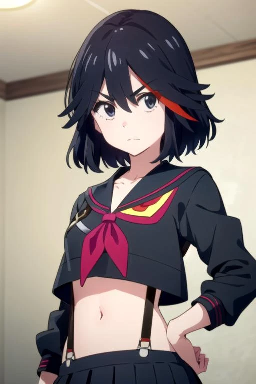 (((pixel-perfect, detail-perfect))), solo, 1girl,  <lora:ryuuko-killlakill-01:0.8>, ryuuko matoi, school uniform, black shirt, serafuku, suspenders, navel, closed mouth, v eyebrows, looking at viewer