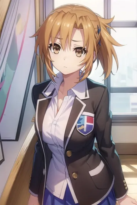 aiyamabuki, <lora:ai yamabuki s2-lora-nochekaiser:1>,
ai yamabuki, short hair, brown hair, hair ornament, (brown eyes:1.5), ponytail,
BREAK school uniform, blazer, black blazer, shirt, white shirt, collared shirt, skirt, blue skirt, open clothes,
BREAK indoors, classroom,
BREAK looking at viewer, (cowboy shot:1.5),
BREAK <lyco:GoodHands-beta2:1>, (masterpiece:1.2), best quality, high resolution, unity 8k wallpaper, (illustration:0.8), (beautiful detailed eyes:1.6), extremely detailed face, perfect lighting, extremely detailed CG, (perfect hands, perfect anatomy),