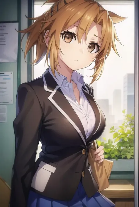 aiyamabuki, <lora:ai yamabuki s2-lora-nochekaiser:1>,
ai yamabuki, short hair, brown hair, hair ornament, (brown eyes:1.5), ponytail,
BREAK school uniform, blazer, black blazer, shirt, white shirt, collared shirt, skirt, blue skirt, open clothes,
BREAK indoors, classroom,
BREAK looking at viewer, (cowboy shot:1.5),
BREAK <lyco:GoodHands-beta2:1>, (masterpiece:1.2), best quality, high resolution, unity 8k wallpaper, (illustration:0.8), (beautiful detailed eyes:1.6), extremely detailed face, perfect lighting, extremely detailed CG, (perfect hands, perfect anatomy),
