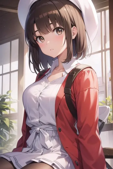 katoumegumi, <lora:megumikatoutest:1>,
megumi katou, brown hair, short hair, (brown eyes:1.7),
BREAK hat, jacket, long sleeves, thighhighs, white headwear, white thighhighs, dress, white dress, (red jacket:1.5), (white hat:1.5), open cardigan, open clothes,
BREAK looking at viewer,
BREAK indoors, classroom,
BREAK <lora:GoodHands-vanilla:1>, (masterpiece:1.2), best quality, high resolution, unity 8k wallpaper, (illustration:0.8), (beautiful detailed eyes:1.6), extremely detailed face, perfect lighting, extremely detailed CG, (perfect hands, perfect anatomy),