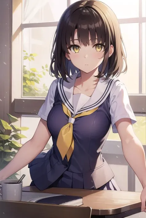 katoumegumi, <lora:megumikatoutest:1>,
megumi katou, brown hair, short hair, (yellow eyes:1.5), (small breast:1.2),
BREAK miniskirt, school uniform, skirt, sailor uniform, serafuku,
BREAK looking at viewer,
BREAK indoors, classroom,
BREAK <lora:GoodHands-vanilla:1>, (masterpiece:1.2), best quality, high resolution, unity 8k wallpaper, (illustration:0.8), (beautiful detailed eyes:1.6), extremely detailed face, perfect lighting, extremely detailed CG, (perfect hands, perfect anatomy),