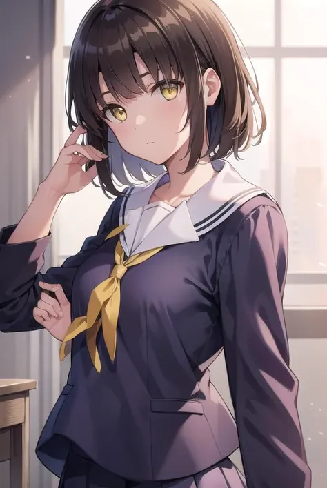 katoumegumi, <lora:megumikatoutest:1>,
megumi katou, brown hair, short hair, (yellow eyes:1.5), (small breast:1.2),
BREAK miniskirt, school uniform, skirt, sailor uniform, serafuku,
BREAK looking at viewer,
BREAK indoors, classroom,
BREAK <lora:GoodHands-vanilla:1>, (masterpiece:1.2), best quality, high resolution, unity 8k wallpaper, (illustration:0.8), (beautiful detailed eyes:1.6), extremely detailed face, perfect lighting, extremely detailed CG, (perfect hands, perfect anatomy),