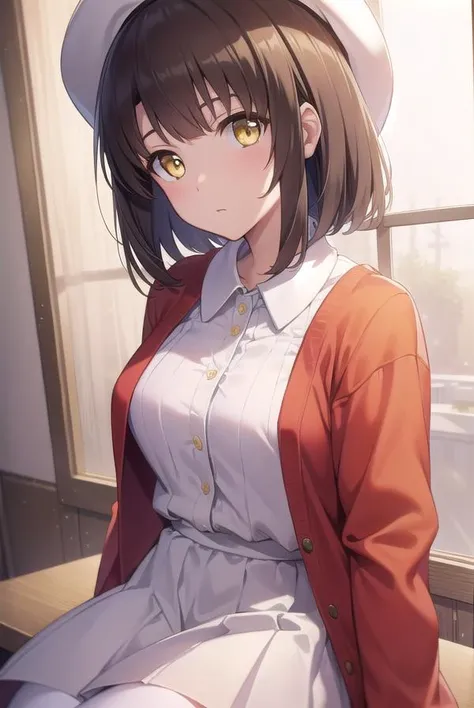 katoumegumi, <lora:megumikatoutest:1>,
megumi katou, brown hair, short hair, (yellow eyes:1.5),
BREAK hat, jacket, long sleeves, thighhighs, white headwear, white thighhighs, dress, (white dress:1.5), (red jacket:1.5), (white hat:1.5),
BREAK looking at viewer,
BREAK indoors, classroom,
BREAK <lora:GoodHands-vanilla:1>, (masterpiece:1.2), best quality, high resolution, unity 8k wallpaper, (illustration:0.8), (beautiful detailed eyes:1.6), extremely detailed face, perfect lighting, extremely detailed CG, (perfect hands, perfect anatomy),