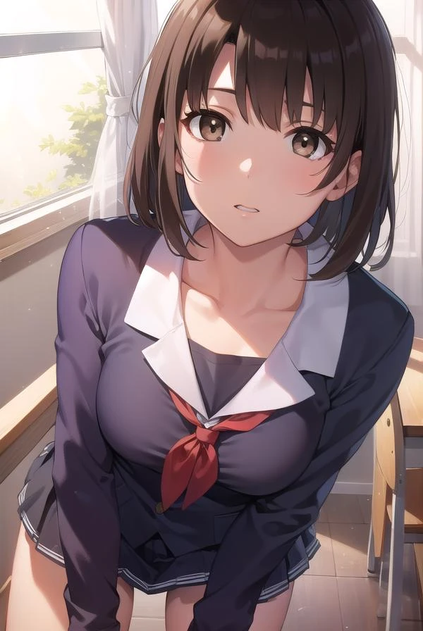 katoumegumi, <lora:megumikatoutest:1>,
megumi katou, brown hair, short hair, (brown eyes:1.7), (small breast:1.2),
BREAK miniskirt, school uniform, skirt, sailor uniform, serafuku,
BREAK looking at viewer,
BREAK indoors, classroom,
BREAK <lora:GoodHands-vanilla:1>, (masterpiece:1.2), best quality, high resolution, unity 8k wallpaper, (illustration:0.8), (beautiful detailed eyes:1.6), extremely detailed face, perfect lighting, extremely detailed CG, (perfect hands, perfect anatomy),