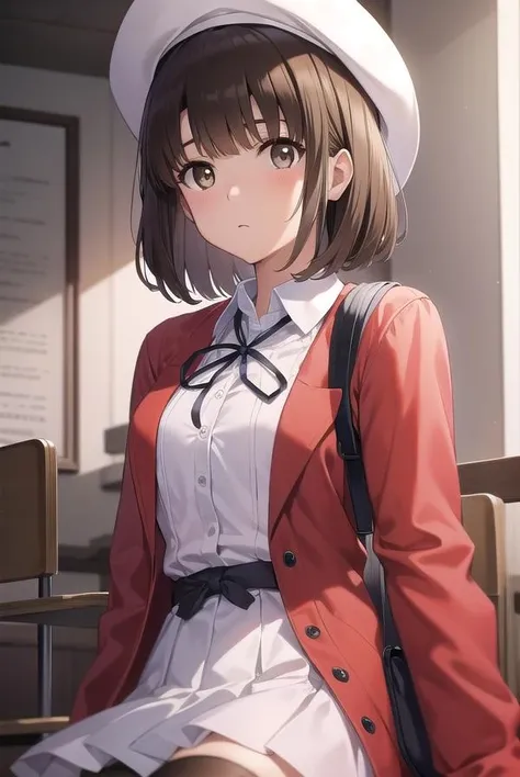 katoumegumi, <lora:megumikatoutest:1>,
megumi katou, brown hair, short hair, (brown eyes:1.7), 
BREAK hat, jacket, long sleeves, thighhighs, white headwear, white thighhighs, dress, white dress, (red jacket:1.5), (white hat:1.5), open cardigan, open clothes,
BREAK looking at viewer,
BREAK indoors, classroom,
BREAK <lora:GoodHands-vanilla:1>, (masterpiece:1.2), best quality, high resolution, unity 8k wallpaper, (illustration:0.8), (beautiful detailed eyes:1.6), extremely detailed face, perfect lighting, extremely detailed CG, (perfect hands, perfect anatomy),