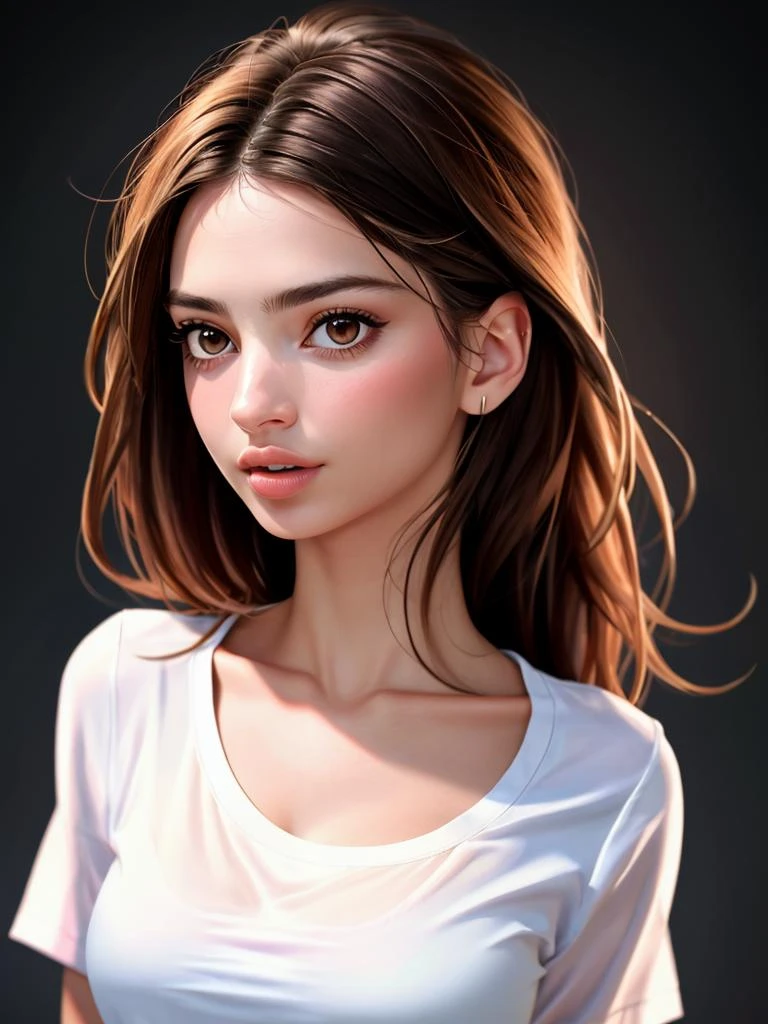 Realistic photo of a beautiful 3m1lyr-v2 woman, 1girl, solo, long hair, breasts, looking at viewer, simple background, brown hair, shirt, brown eyes, medium breasts, collarbone, white shirt, upper body, parted lips, teeth, lips, crop top, forehead, realistic, nose, soft lighting, professional Photography, Photorealistic, detailed, RAW, analog, sharp focus, 8k, HD, high quality, masterpiece<lora:3m1lyr-v2:1.0>