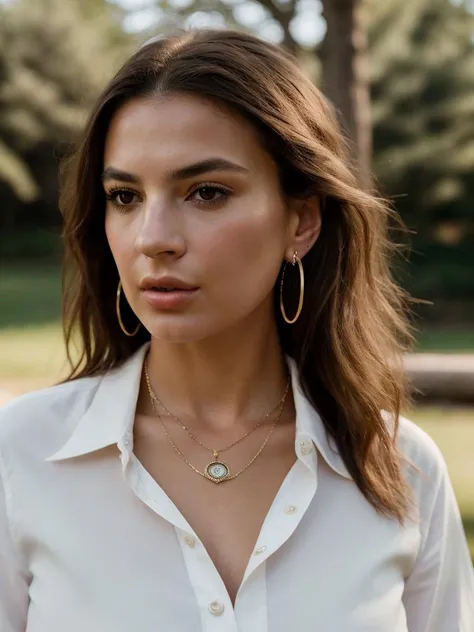 Realistic photo of a beautiful 3m1lyr-v2 woman, long hair, breasts, looking at viewer, multiple girls, brown hair, shirt, cleavage, brown eyes, jewelry, white shirt, upper body, earrings, outdoors, solo focus, day, necklace, blurry, lips, head tilt, depth of field, blurry background, hoop earrings, realistic, soft lighting, professional Photography, Photorealistic, detailed, RAW, analog, sharp focus, 8k, HD, high quality, masterpiece<lora:3m1lyr-v2:1.0>