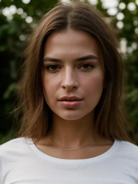 Realistic photo of a beautiful 3m1lyr-v2 woman, 1girl, solo, long hair, breasts, looking at viewer, simple background, brown hair, shirt, brown eyes, medium breasts, collarbone, white shirt, upper body, parted lips, teeth, lips, crop top, forehead, realistic, nose, soft lighting, professional Photography, Photorealistic, detailed, RAW, analog, sharp focus, 8k, HD, high quality, masterpiece<lora:3m1lyr-v2:1.0>